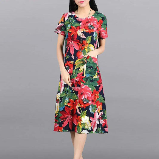 Women's Summer Short-sleeved Mid-length Dress Floral Round Neck Large Size Skirt