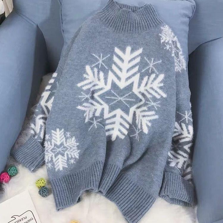 Autumn and Winter Sweater Set Women Snowflake Print Sweater and Mohair Bodycon Skirt Two-piece Set Ladies Christmas Sweater Set