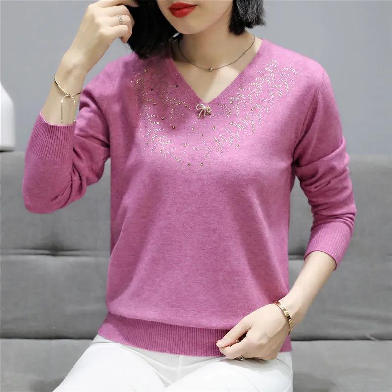 Women's Bow Knot Diamond V-Neck Sweater Solid Color Loose Pullover Long Sleeve Knit Sweater