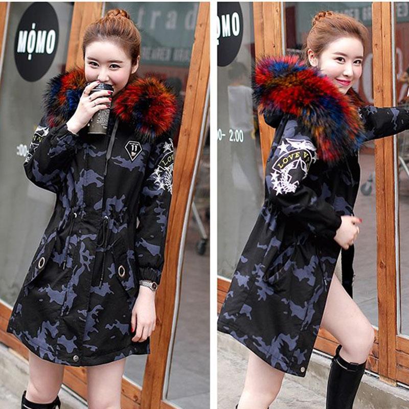 Winter Coat Women Loose Large Size Plus Velvet Thick  Hooded Camouflage Parka Coat with Fur Collar
