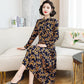 Printed Round Neck Spring Long Sleeve Dress Elastic Slim Fit Belly Long Skirt with Pocket Skirt Simple Comfortable Mid-Length A-Line Skirt
