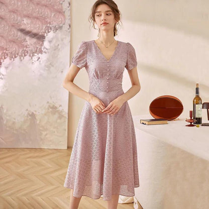 Women Summer Elegant Dress Vintage High Waist Short Sleeve Party Dress Slim Office V-neck Lace hollow Out Mid-length Dress
