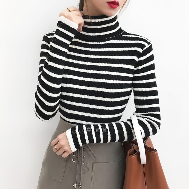 Slim Fit Striped Sweater Winter Pullover Turtleneck Knitted Bottoming Shirt Thickened
