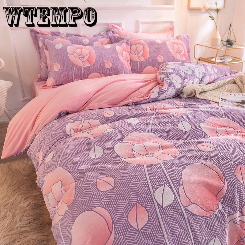 4pcs Winter Romantic Bedding Sets Floral Print Queen/king Size Quilt Cover Thick Warm Bed Sheet +pillowcases