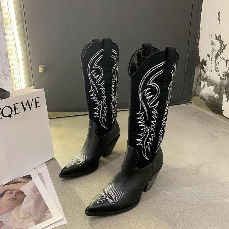 Women's Knee-high Leather Boots Autumn Winter High Boots Thick Heel Martin Boots Western Cowboy Boots