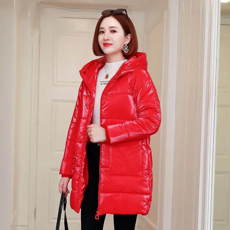 Glossy Down Padded Jacket Women's Winter Mid-length Padded Coat, Wash-free Thick Coat Padded Jacket