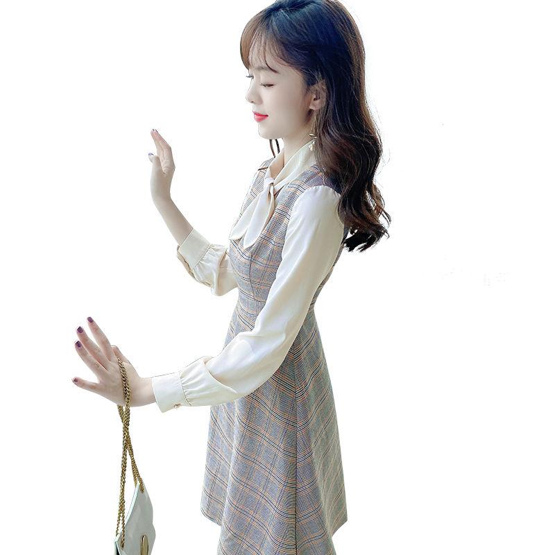 Women's Spring Dress Simple and Elegant Slim Bow Fake Two Plaid Stripe Long Sleeve Casual Dress