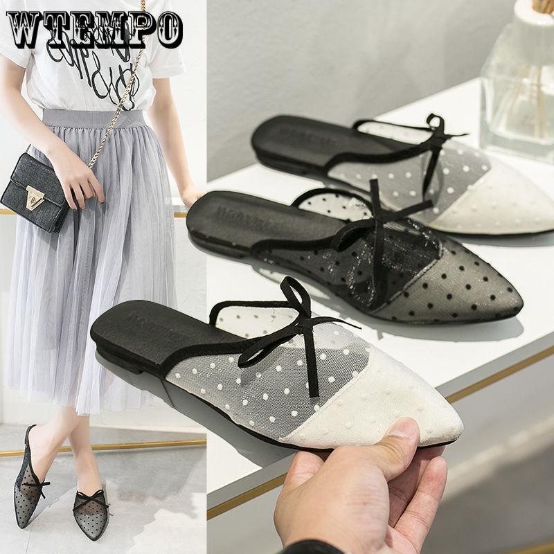 WTEMPO Lace Shoes Mesh Yarn Pointed Head Baotou Flat Wear Outside Sandals and Slippers Women's Shoes
