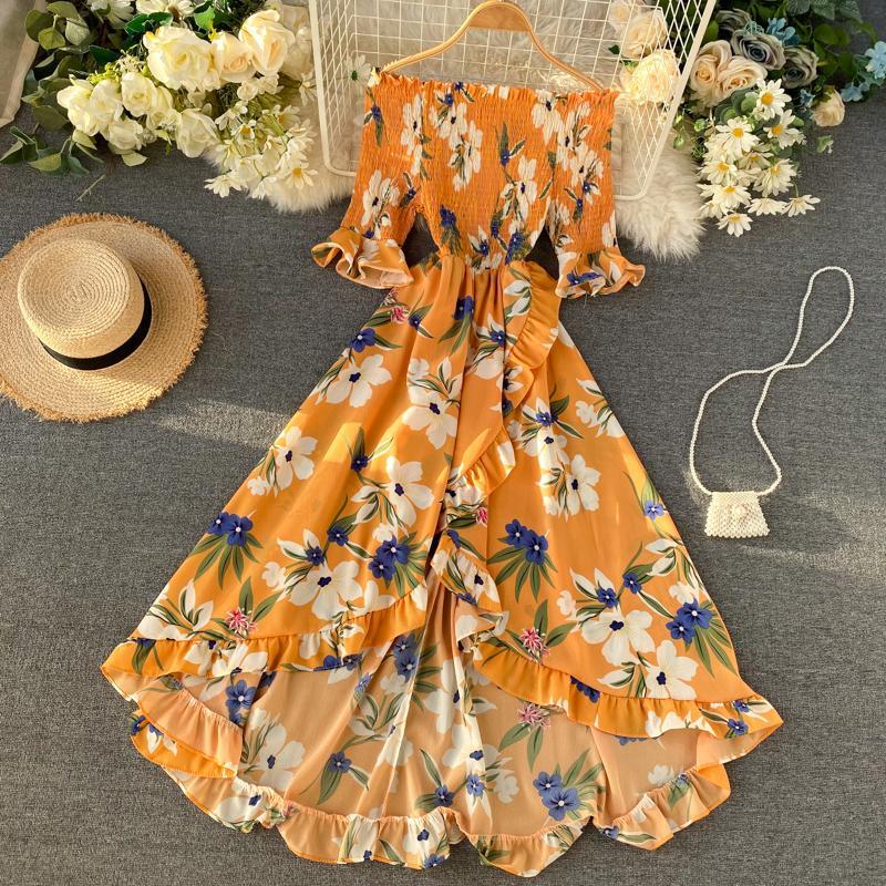 Sexy Floral Print Strapless Dress Slash Neck High Waist Half Sleeve Irregular Ruffle Dress