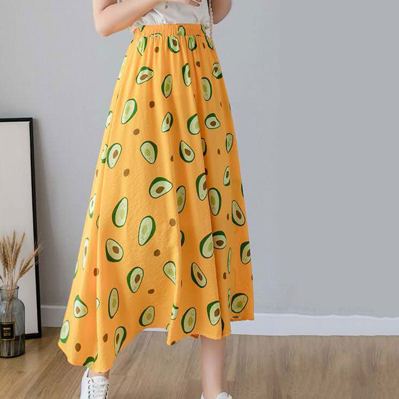 Skirts Womens Female Casual Ankle-length Skirt Summer Loose Thin A-line Skirts High Waist All-match Avocado Print Skirt