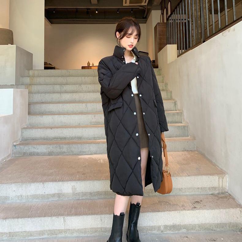 Women's Long Padded Coat Over The Knee Loose Padded Diamond Check Coat