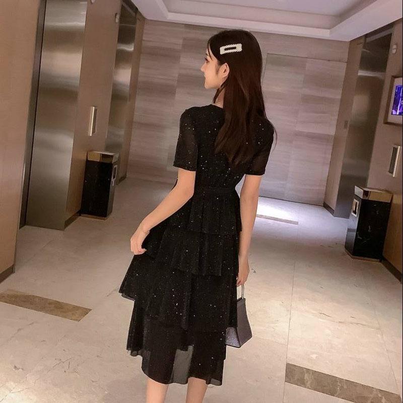 Pofulove V-neck Mesh Dress Female Summer Sequins Multilayer Skirt Loose Long Dress for Party Evening