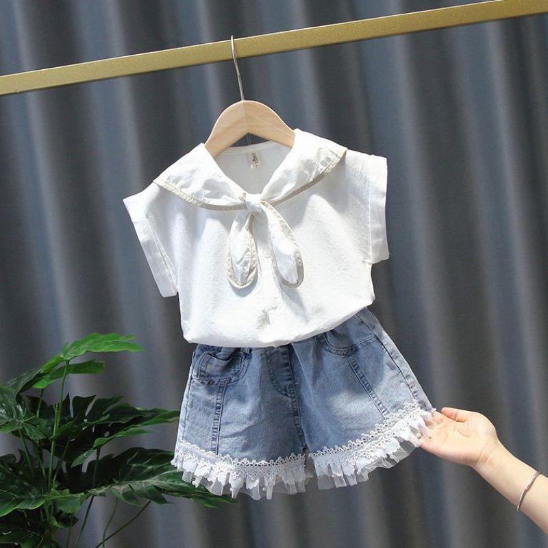 2PCS Children Clothing Set Spring Summer Girls Suits Lace Short Sleeve Tops + Pants Clothing Set