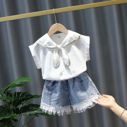 2PCS Children Clothing Set Spring Summer Girls Suits Lace Short Sleeve Tops + Pants Clothing Set