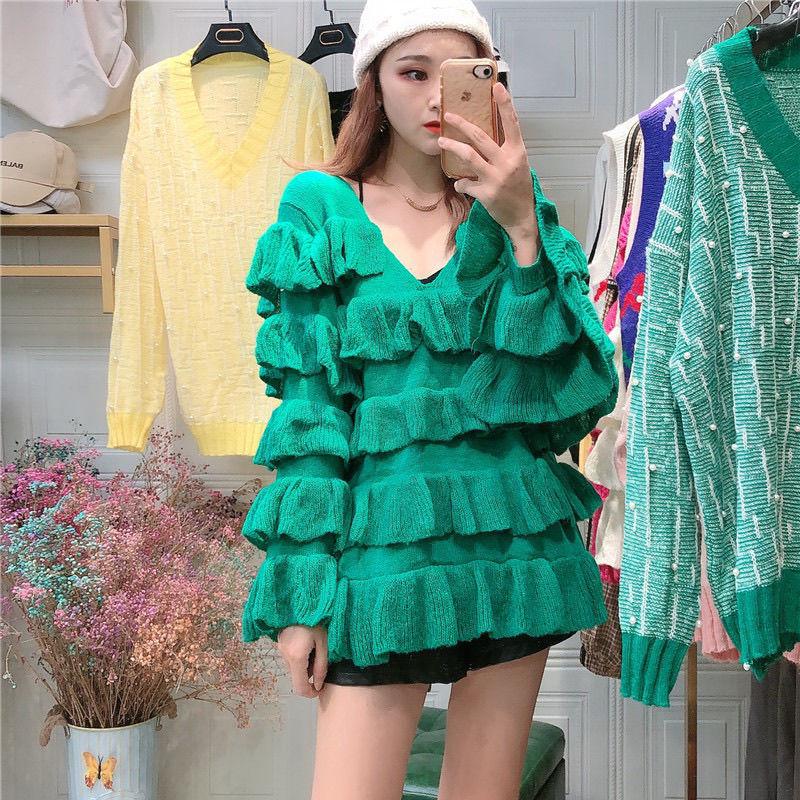 Autumn and Winter Multi-level Flared Sleeve Cake Skirt Ruffled Knitted Sweater