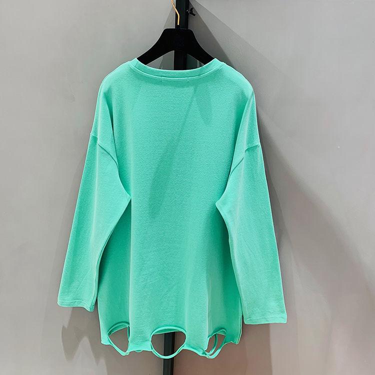 Women's Hem Hole Solid Color Bottoming Shirt Large Size Cotton Autumn Korean Version Loose Long-sleeved T-shirt