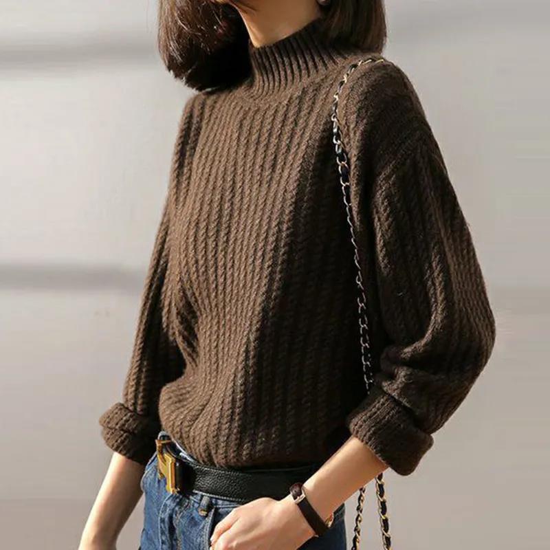 Women's Sweater Half Turtleneck Plus Fleece Thick Knit Sweater Loose Large Size Long Sleeve Sweater