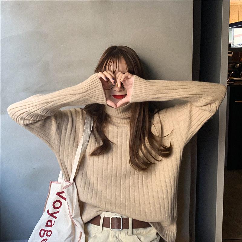 Women High Collar Long Sleeve Pullover Thick Slim Tight Knit Bottoming Shirt Sweater