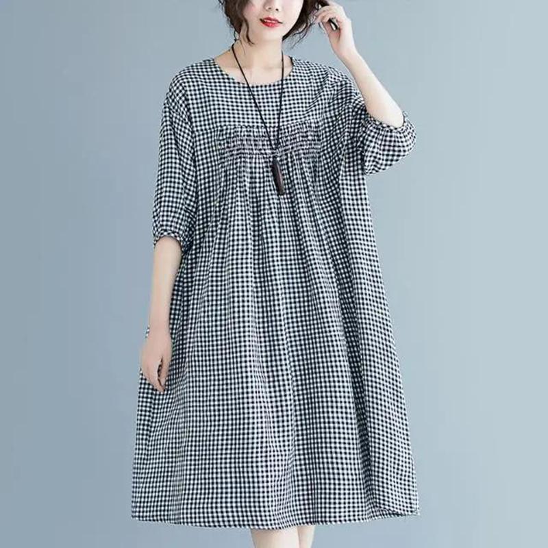 WTEMPO Plus Size Ladies Dress Summer 1/2 Sleeve Round Neck Long Dress Casual Mid-calf Length Plaid Dress
