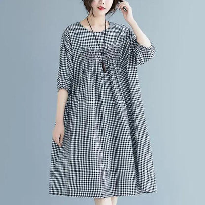 WTEMPO Plus Size Ladies Dress Summer 1/2 Sleeve Round Neck Long Dress Casual Mid-calf Length Plaid Dress