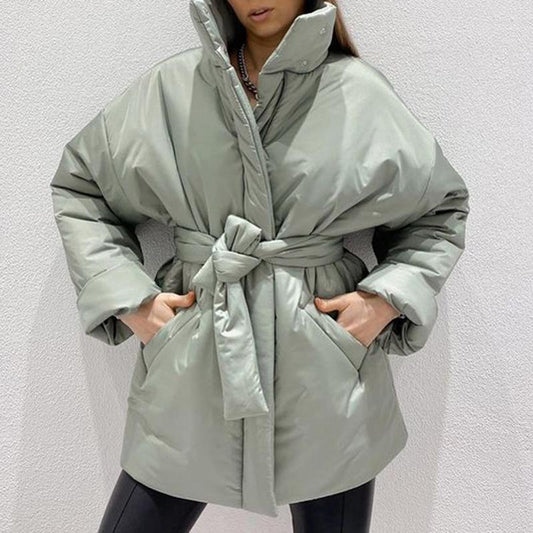 Casual Collected Waisted Parkas Women Fashion Simple Coats Women Elegant Spring Stand Collar Cotton Jackets Female Ladies