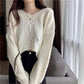 Women's Purple Twist Sweater V-neck Long Sleeve Top Fall and Winter Outer Wear Short Primer Stitch Hole Loose Loose Pullover Lazy Knit Sweater Top