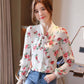 Women's Spring Autumn Chiffon Long Sleeve Top Tie Bow Print Shirt