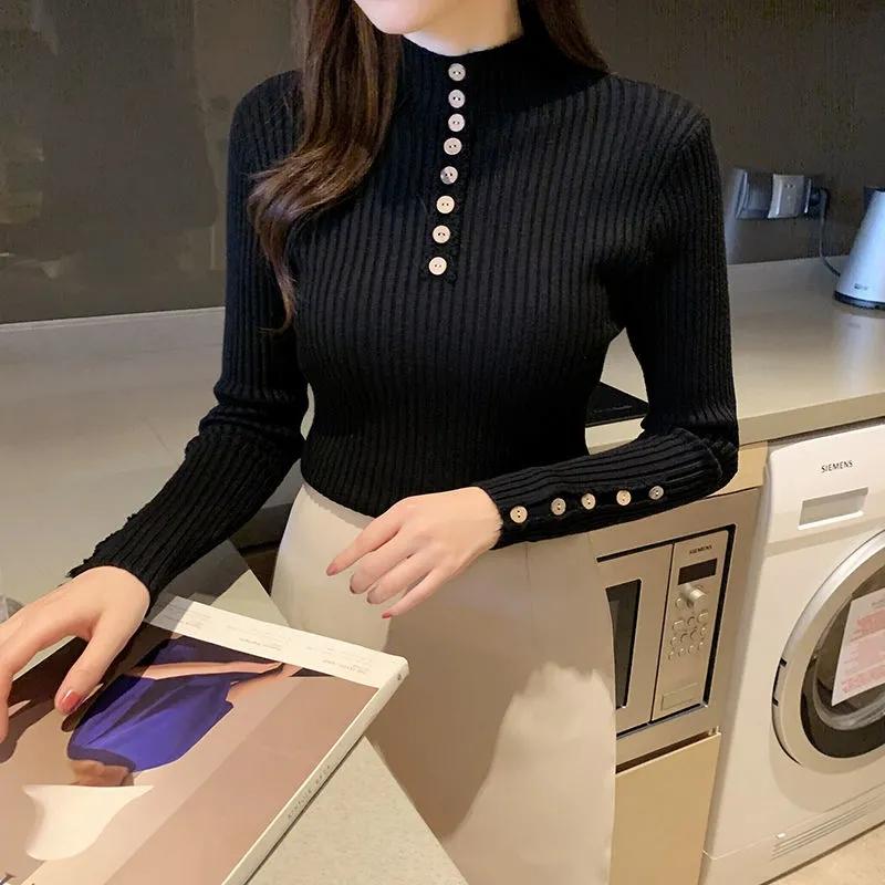 Women Pullover Sweater Button Decor Autumn Winter Half Turtleneck Slim Thick Knitting Sweater Soft Warm Jumper Basic Tops Bottoming Shirt White Black
