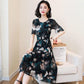 Women's Summer Dress Large Size Chiffon Print Round Neck Short Sleeve Skirt Length To Calf