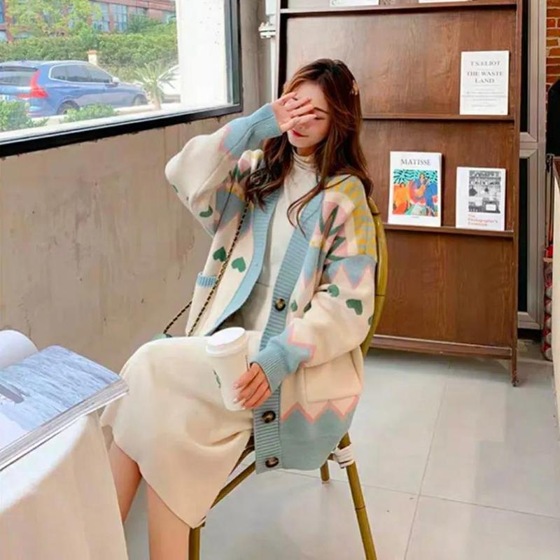 Loose Sweater Jacket Women Autumn Loose Lazy Wind Wild Knit Cardigan Women's V-neck Sweater Jacket Casual and Comfortable