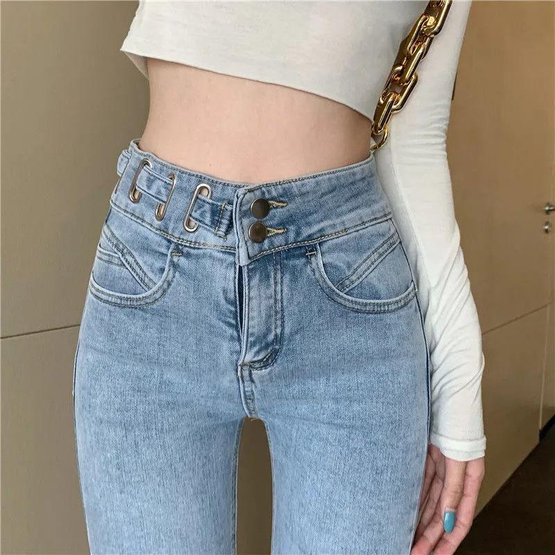 Spring and Autumn Design Women's High Waist Stretch Pants Thin Skinny Light-colored Pencil Jeans Slim Trousers