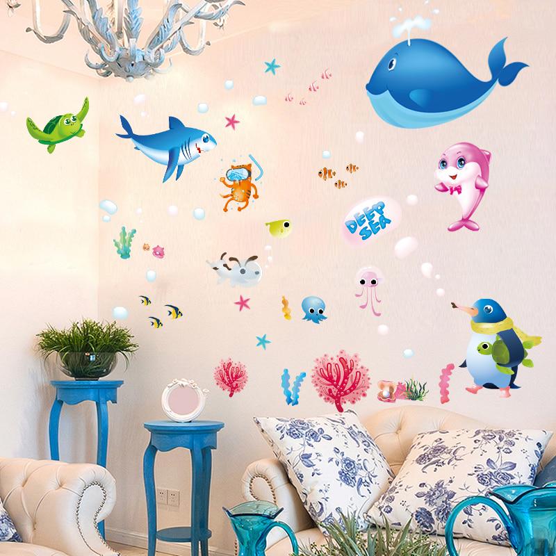 [Wall sticker] Cartoon ocean fish wall stickers for kids rooms bedroom nursery bathroom tile home de