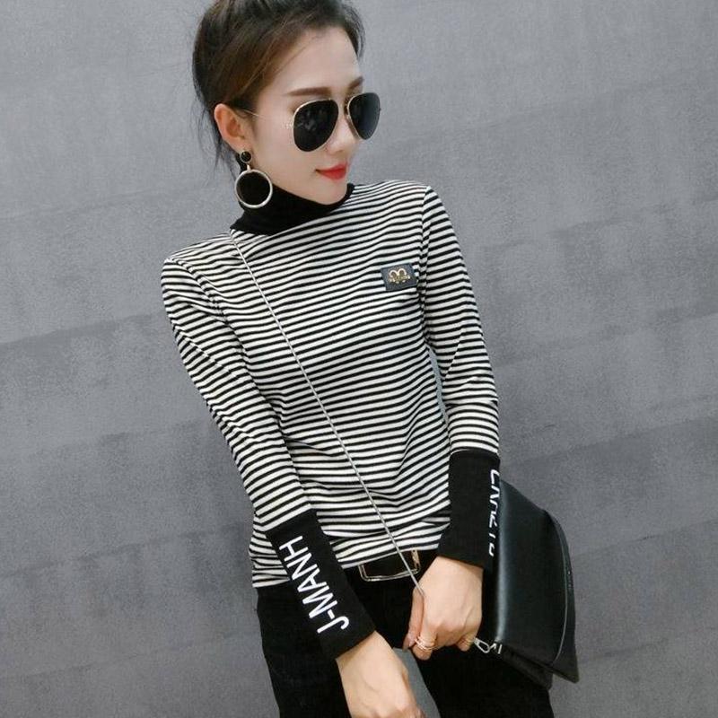 Black and white striped sweater women winter Turtleneck Pullovers long sleeve velvet thicken sweater