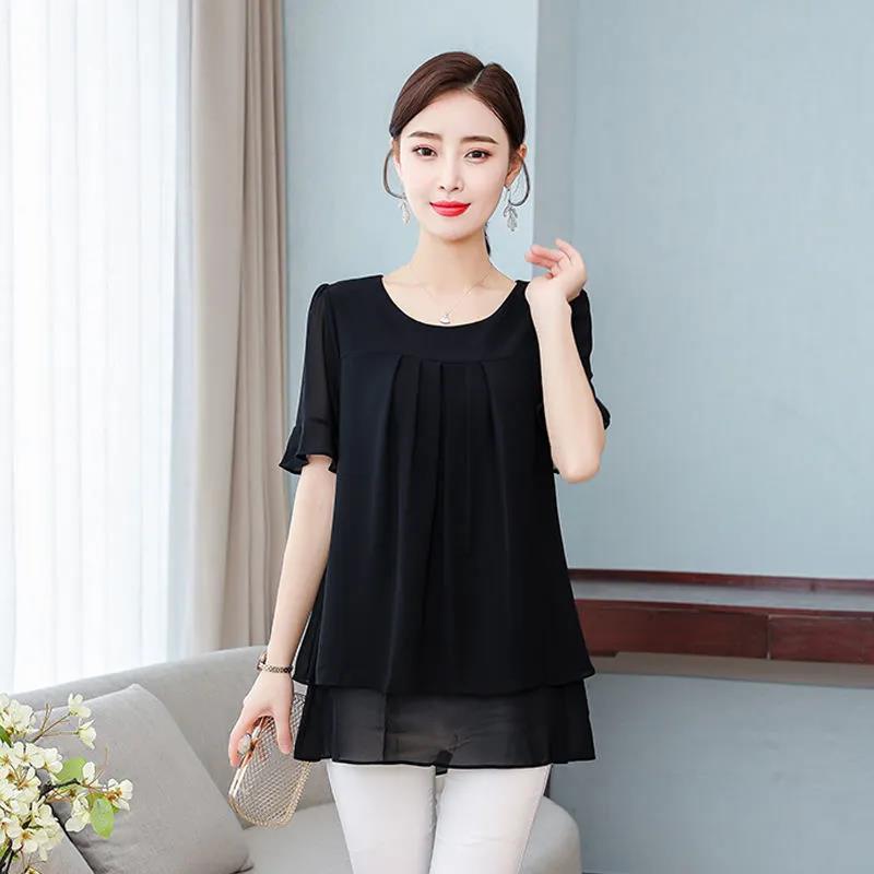 Women's Summer Chiffon Short Sleeve Large Size Round Neck Solid Color Loose T-Shirt