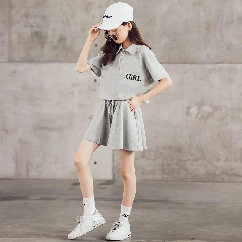 Girls Summer Cotton Suit Breathable Sweat-absorbing Soft and Comfortable Short-sleeved Casual Sports T-shirt + Shorts Two-piece Set