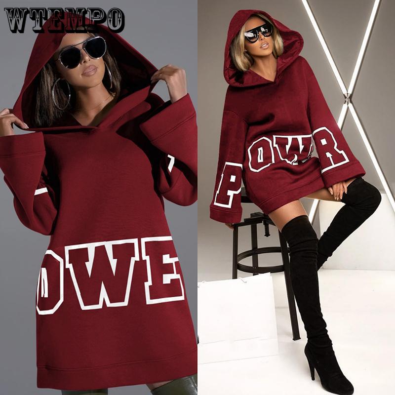 Women Hooded Dress Letter Print Loose Casual Long Sleeve Plus Size Top Winter Warm Mini Dresses