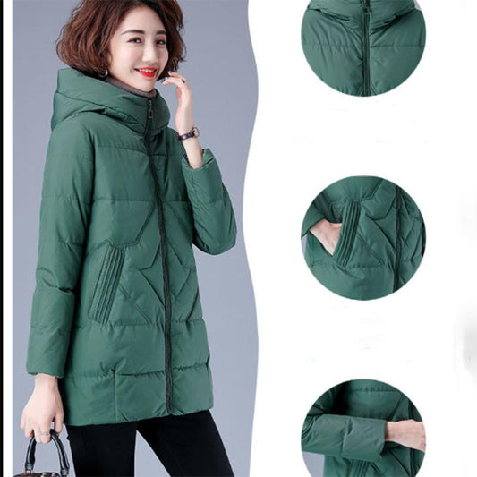 Women's Mid-length Down Jacket Winter Korean Loose Cotton Clothes Casual Hooded Padded Jacket