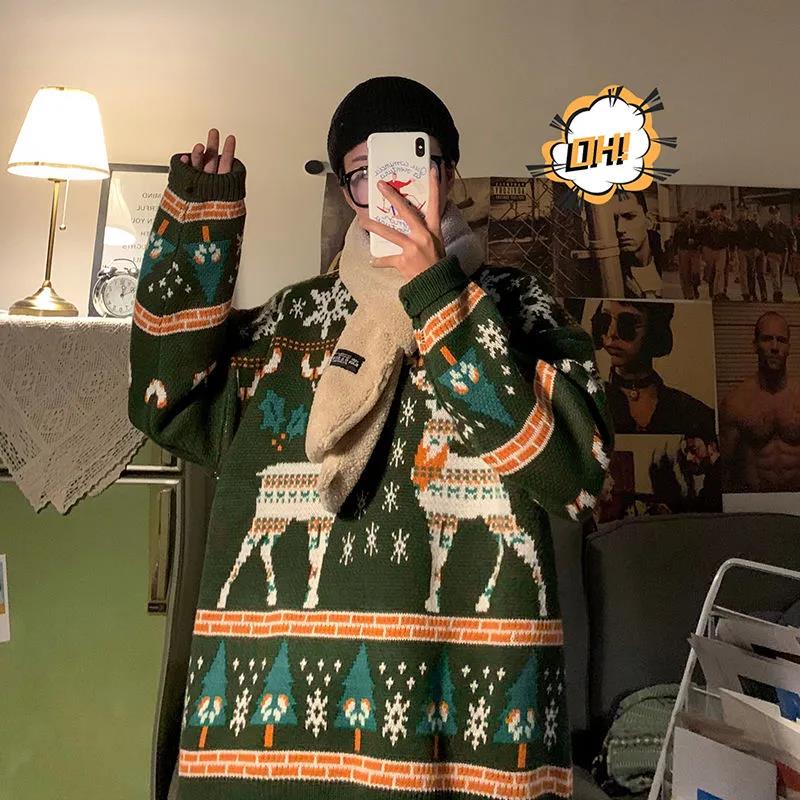 Christmas Sweater Autumn and Winter All-match In The Same Color Retro Outer Wear Sweater Couple Wear Men's Sweater