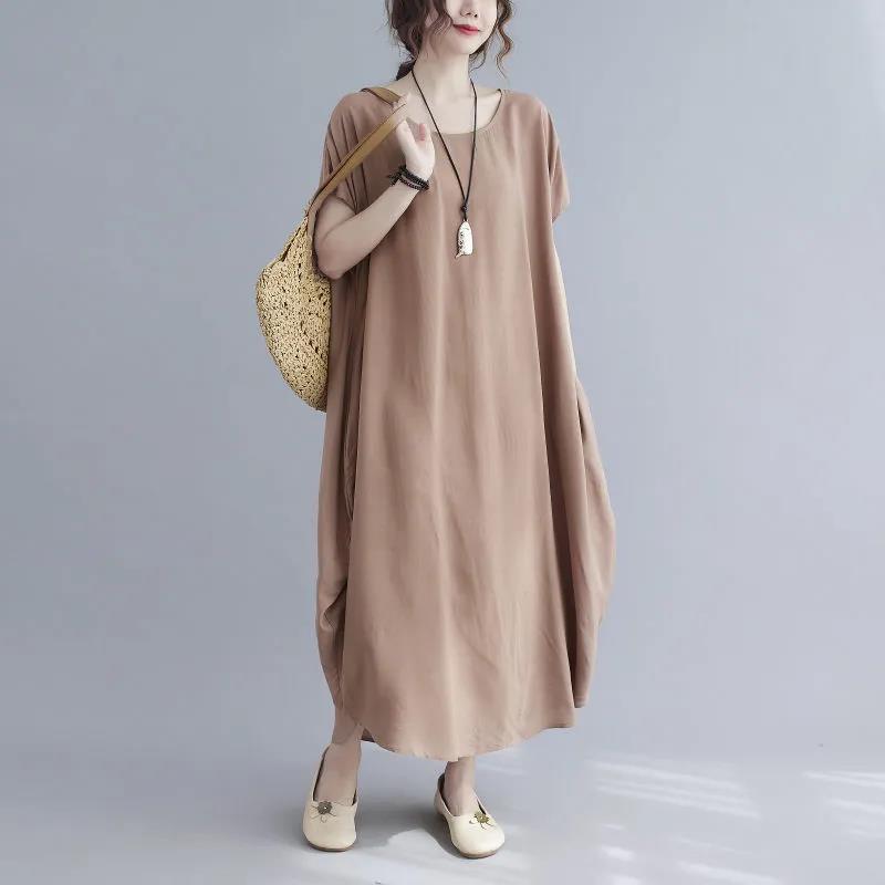 Simple Style Summer Polyester-cotton Sleeveless Dress Plus Size Women's Retro Solid Color Slim Long Dress Loose Robe