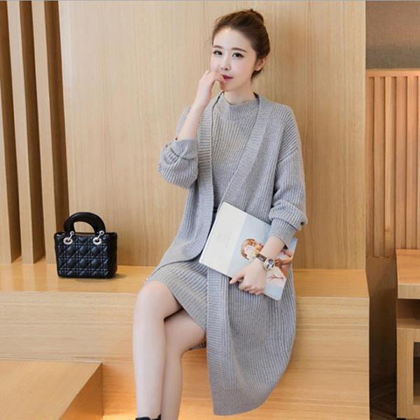 Autumn and Winter Knitted Top Long-sleeved Mid-length Sweater Solid Color Cardigan