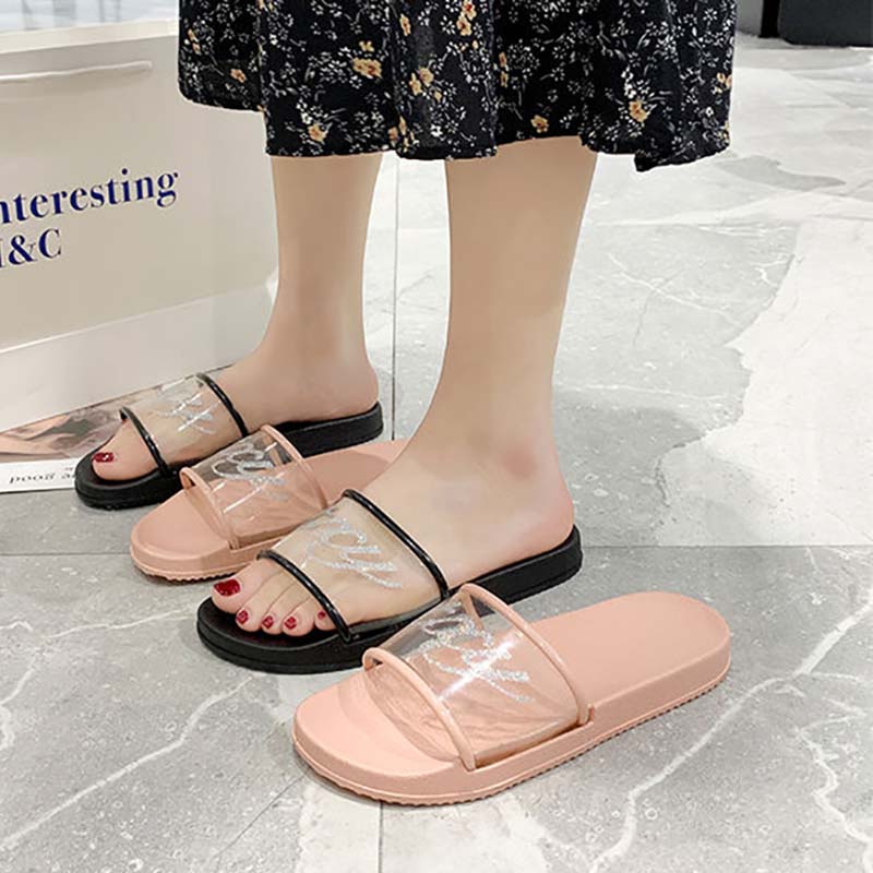 Slippers Women's Summer Wear Fashion Transparent with Bath Non-slip Female Students Flat-bottomed Home Slippers The Shoes Are One Size Smaller