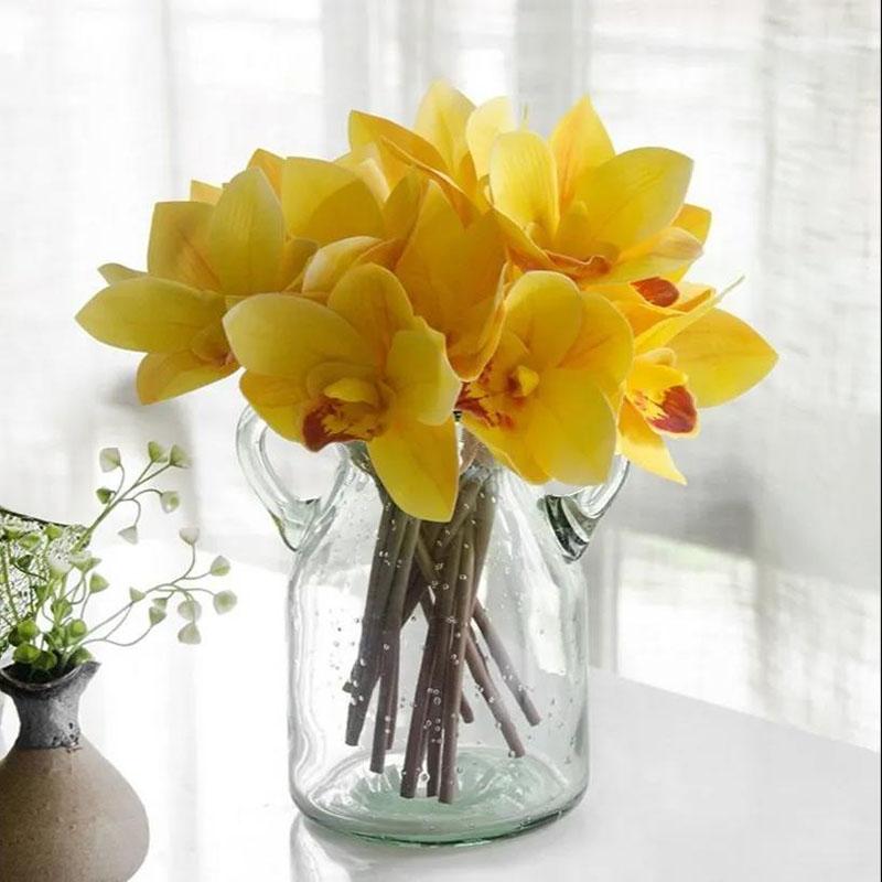 Simulation Bouquet 4 Heads Hand Pierced Feel Cymbidium Artificial Flowers Home Decoration Flower Vase Flower Arrangement