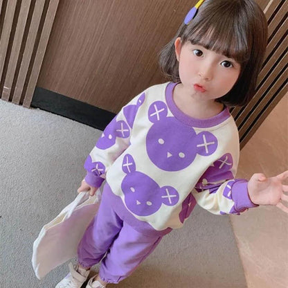 Girls Suits Spring and Autumn Clothing Baby Girl Sports and Leisure Round Neck Pullover Sweater Trousers Cute Bear Print Two-piece Set