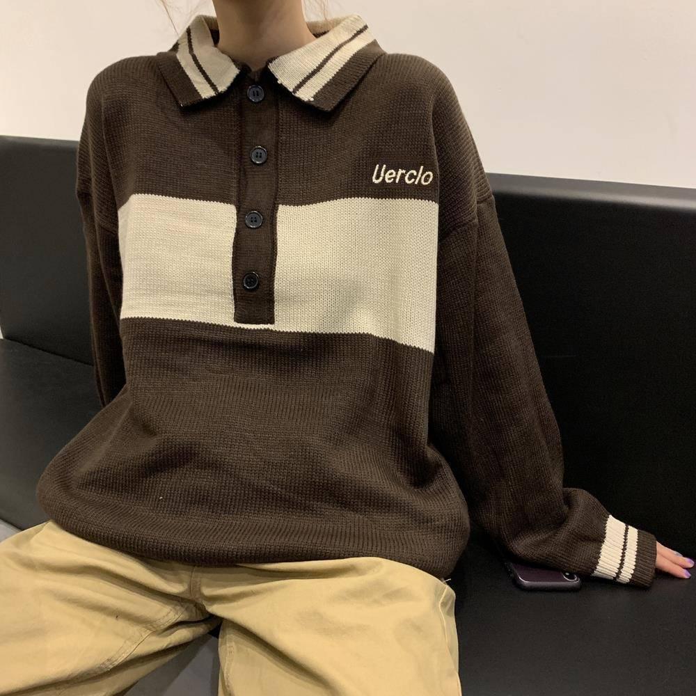 Pofulove Winter Polo Collar College Knitted Sweater Female Loose Mid-length Stitching Jacket