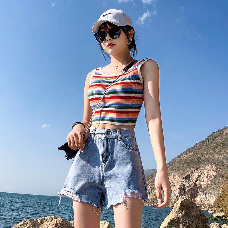 Summer denim shorts women's high waist loose students all-match slim thin hole wide leg fashion