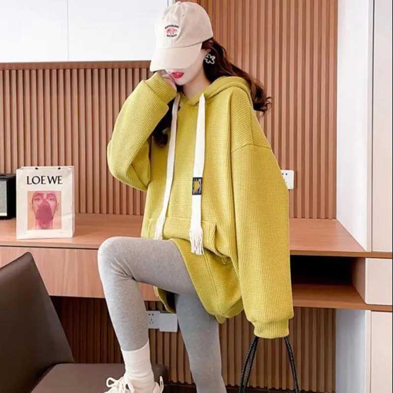 Sweatshirts Women's Waffle Hooded Mid-length Spring and Autumn All-match Large Size Loose Top