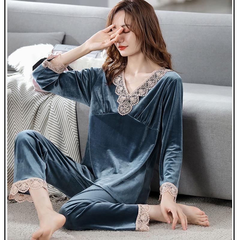 Women's Spring Autumn Long-sleeved Gold Velvet Pajamas Two-piece Set Sexy Lace V-neck Pyjamas Winter Thickened Warm Homewear Sleeping Robes Loungewear
