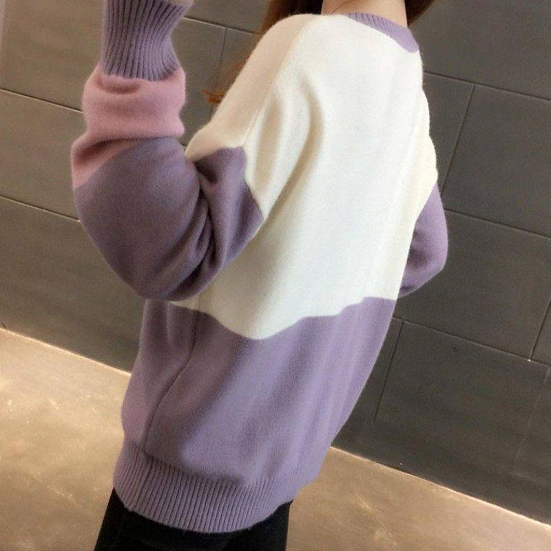 Pofulove Women's Color Block Knit Sweater Loose Long Sleeve O-Neck Pullover Sweater Jumper