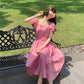 Women's Summer Mid-length Skirt Solid Color Square Neck Puff Sleeve Dress