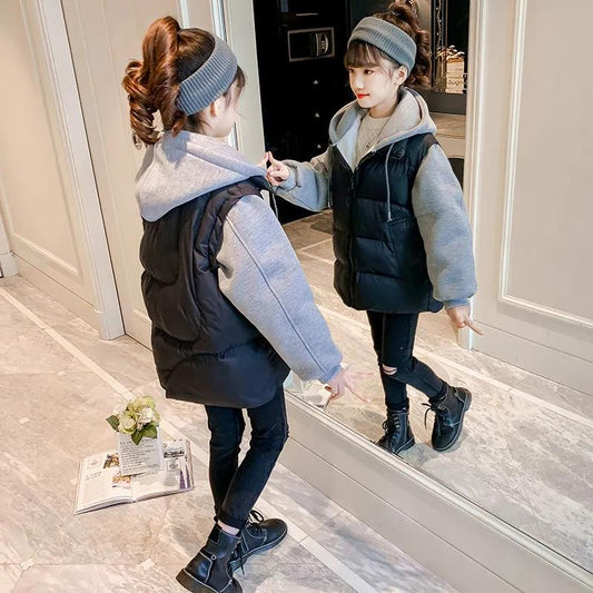 Girls' Warm Cotton Coat Thick Stitching Winter Padded Jacket Windproof Hooded Cotton Jacket